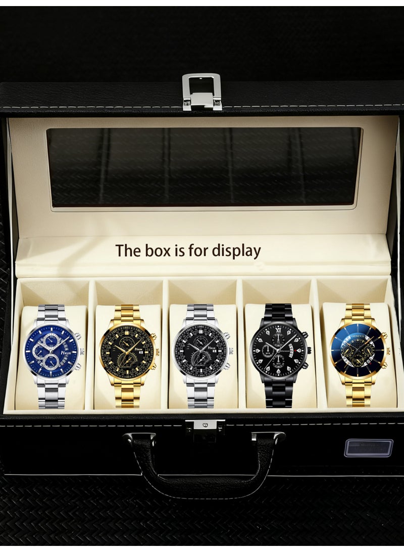 5-piece men's luxury stainless steel watch set, suitable for various scenarios, perfect for giving him the perfect holiday birthday gift