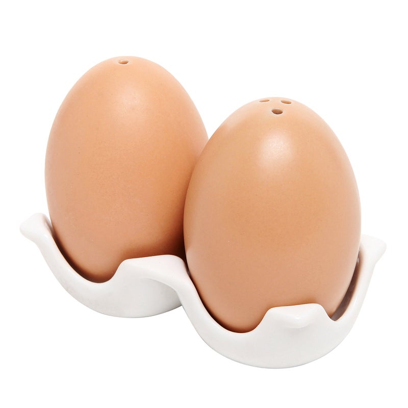 MyGift Ceramic Salt and Pepper Shaker Set Mini Brown Egg Shaped Shakers with Carton Design Holding Stand 3 Piece