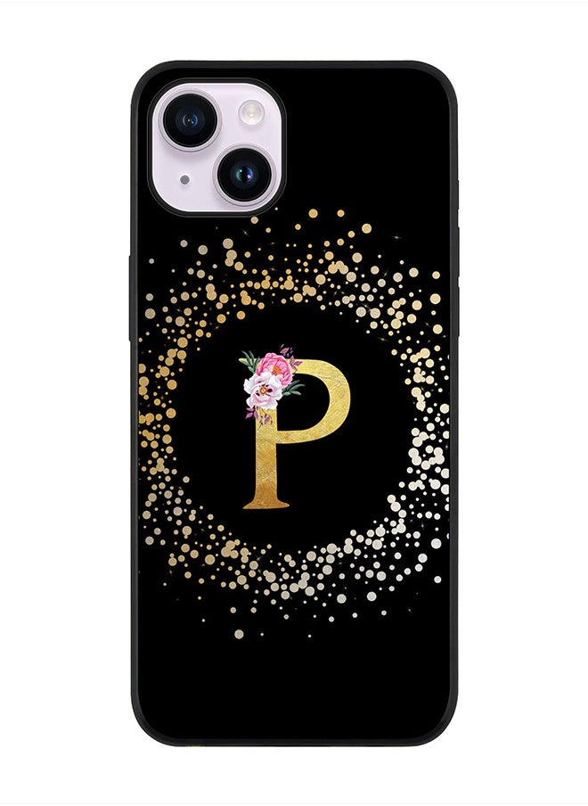 Stylizedd Rugged Black edge case for Apple iPhone 14 Plus, Soft Flexible Phone case Custom Monogram Initial Letter Floral Pattern Alphabet - P (Black)  - Image 1
