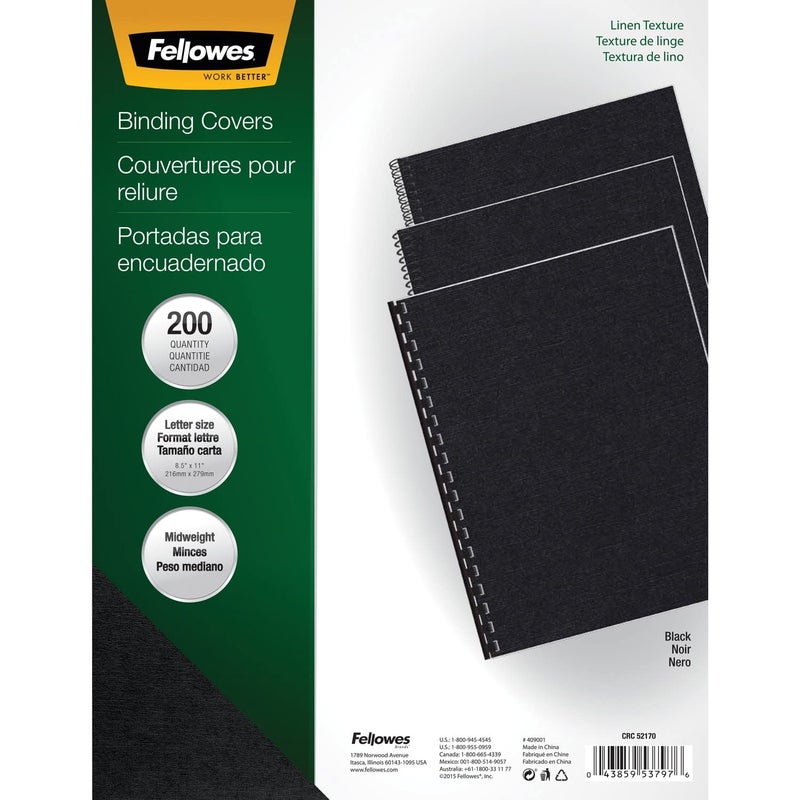 Fellowes Binding Linen Presentation Covers Letter Black 200 Pack 5217001 Black Linen