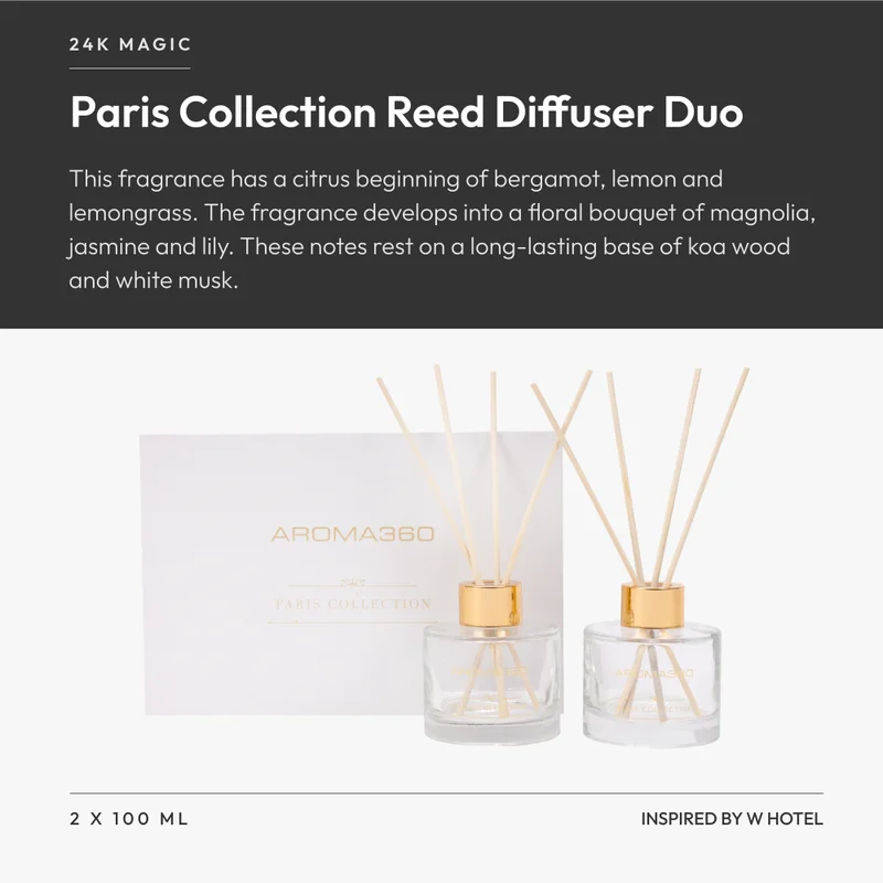Aroma360  24K Magic - Paris Collection Reed Diffuser Duo - Luxury Aromatherapy Diffuser - Hints of Bergamot, Lemon and Lemongrass  - Essential Oil Diffusers  | Best Price UAE