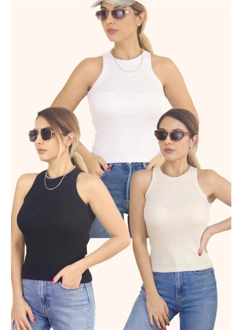 Ritnice Women's 3-Piece Premium Texture Cotton Ribbed Undershirt White, Black, Cream - Image 1