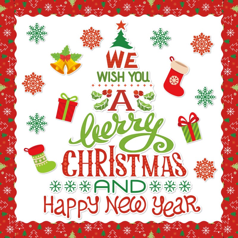 Whaline 105Pcs Christmas Bulletin Board Decoration Kit Xmas Tree Snowflake Paper Cutouts with Glue Point SelfAdhesive Bulletin Border Stickers for Holiday School Classroom Wall Door Decoration