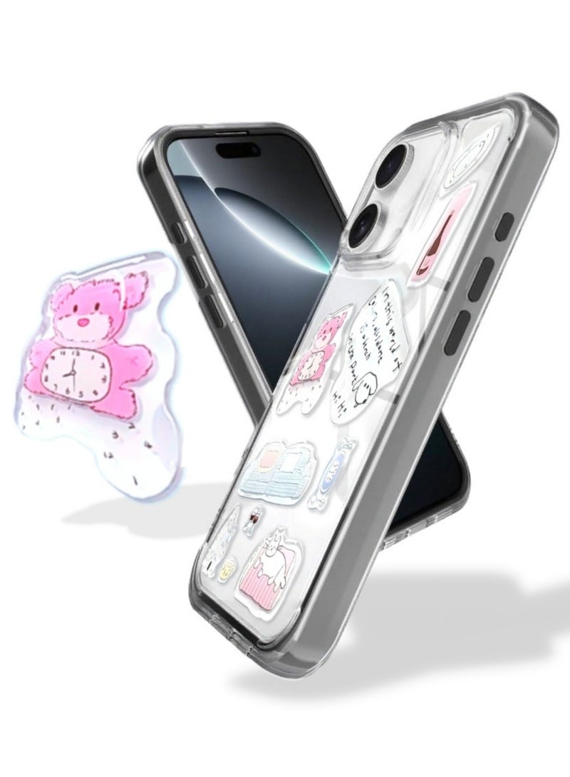 Clear Case for iPhone 16 – Shockproof Soft TPU Bumper Frame with Flexible Transparent Back, Crystle Pastel, Customizable with Kawaii Korean Bear Epoxy Resin Stickers (Currant Black & Korean Bear Epoxy Resin Stickers) - Image 1