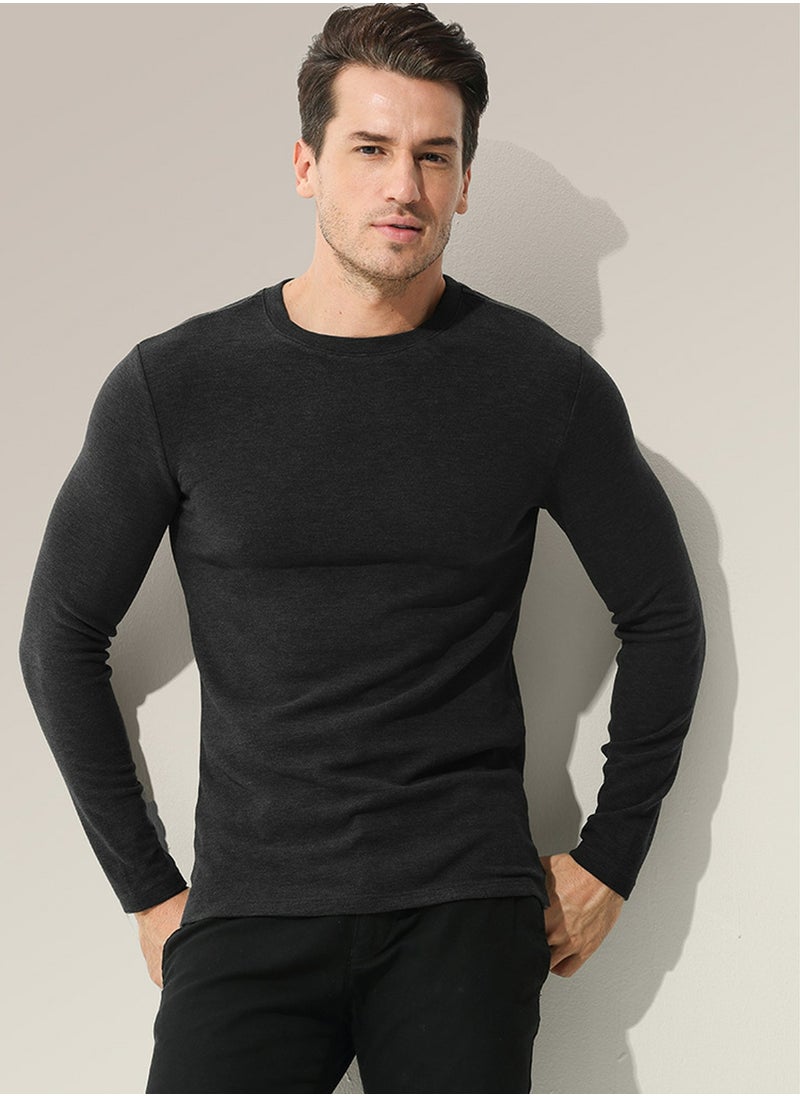 Loquat - Mens Solid Color Crew-Neck Thermal Underwear Shirt Cold Weather Thick Base Layer,Long Sleeve T-Shirt Loungewear Black - Image 1