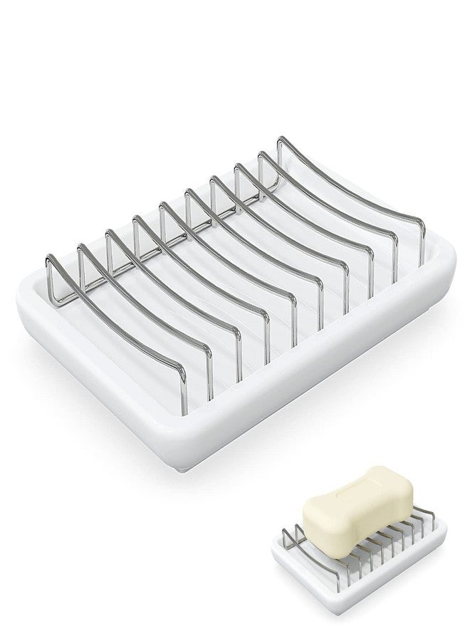 Linkidea Double Layer Ceramic Soap Dish, Stainless Steel Self Draining Soap Tray Holder, Soap Sponge Box for Bathroom Shower - Image 1