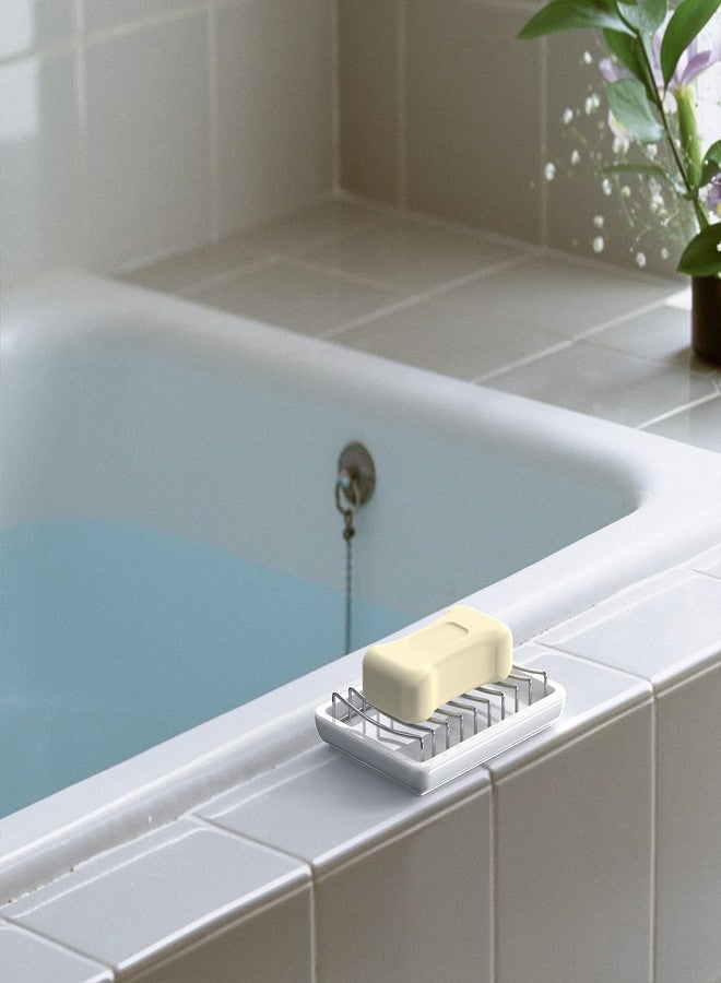 Linkidea Double Layer Ceramic Soap Dish, Stainless Steel Self Draining Soap Tray Holder, Soap Sponge Box for Bathroom Shower - Image 5
