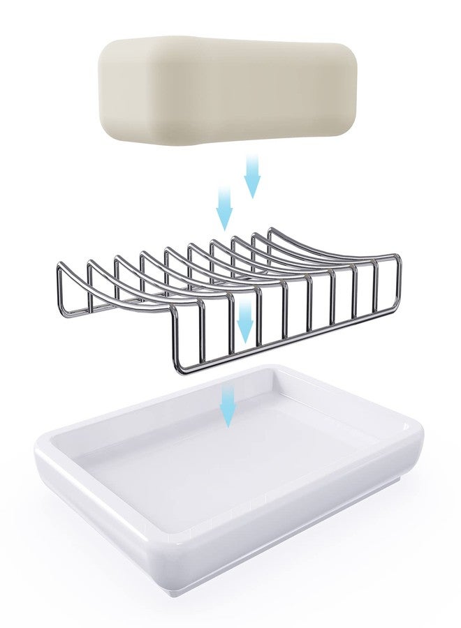 Linkidea Double Layer Ceramic Soap Dish, Stainless Steel Self Draining Soap Tray Holder, Soap Sponge Box for Bathroom Shower - Image 3
