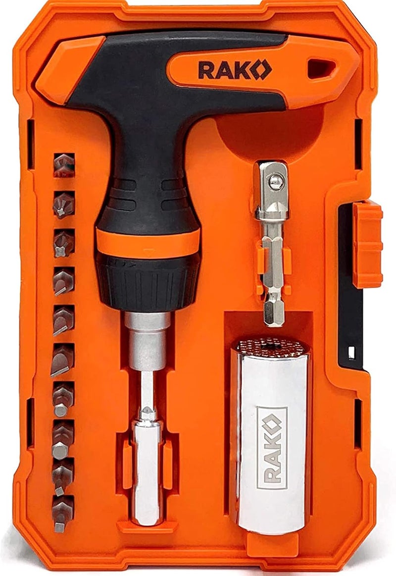 RAK Universal Socket Tool - Birthday Gifts for Men - Set of 15, 1/4-to-3/4-inch Wrench Grip, T-Handle Ratchet Driver, 10 Screwdriver Bits - Gifts for men, Husband, Handyman - Image 1