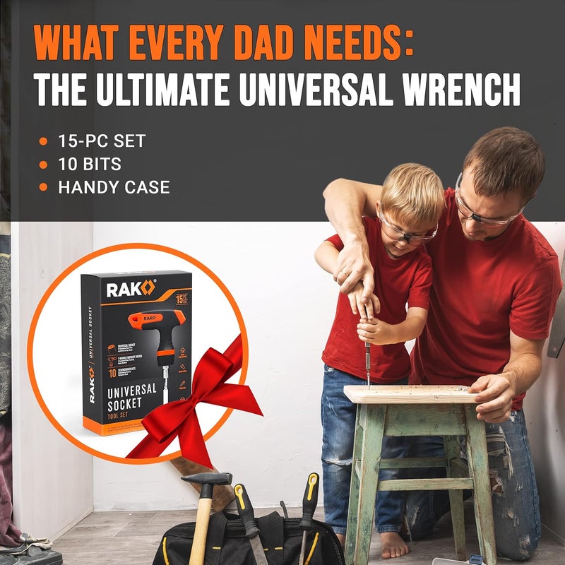 RAK Universal Socket Tool - Birthday Gifts for Men - Set of 15, 1/4-to-3/4-inch Wrench Grip, T-Handle Ratchet Driver, 10 Screwdriver Bits - Gifts for men, Husband, Handyman - Image 2