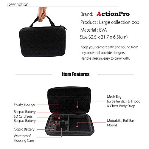 Action Pro حقيبة حمل كبيرة الحجم متوافقة مع كاميرات GoPro Hero 13 12 11 10 9 8 7 6 5 4 3+ 3 SJCAM YI Noise Play DJI OSMO وغيرها من كاميرات الحركة - Image 5