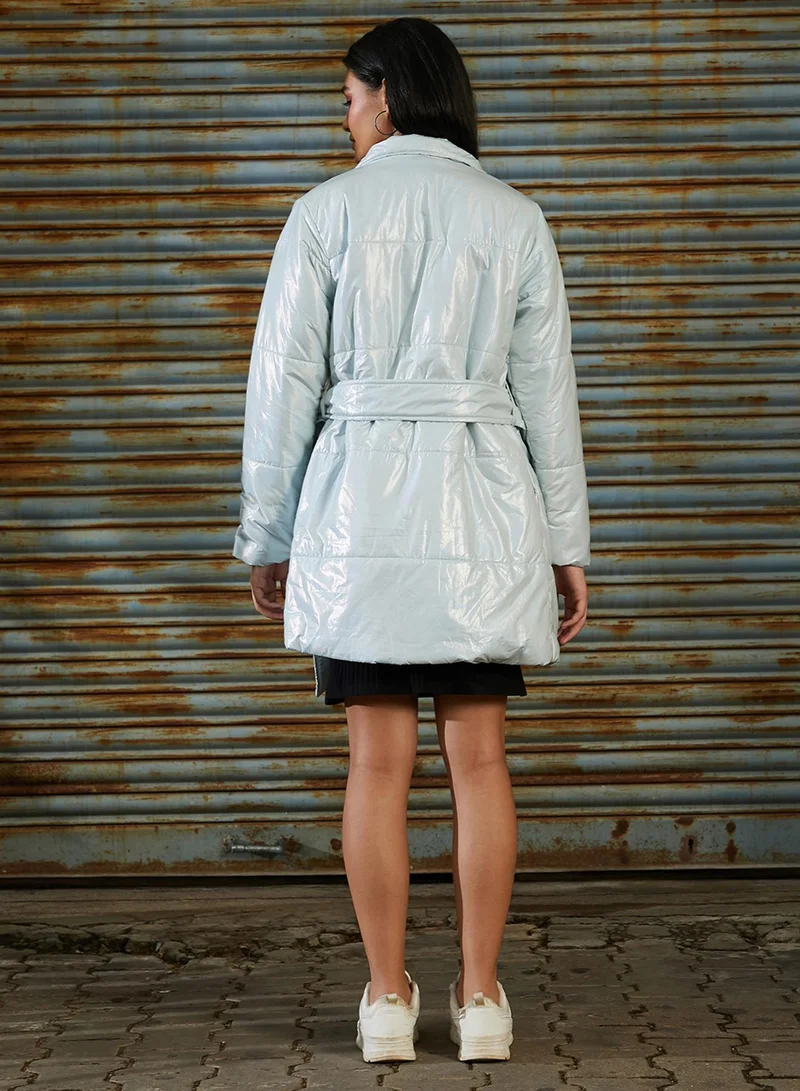 Campus Sutra Women's Powder Blue Patent Long Puffer Jacket For Casual Wear | High Neck  | Long Sleeve | Zipper Closure | Jacket Crafted With Comfort Fit For Everyday Wear