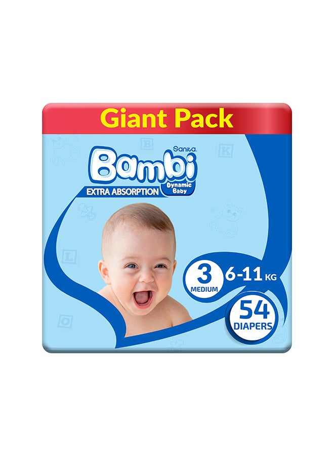 Sanita Bambi Baby Diapers Giant Pack Size 3, Medium, 6-11 KG, 54 Count - Image 1