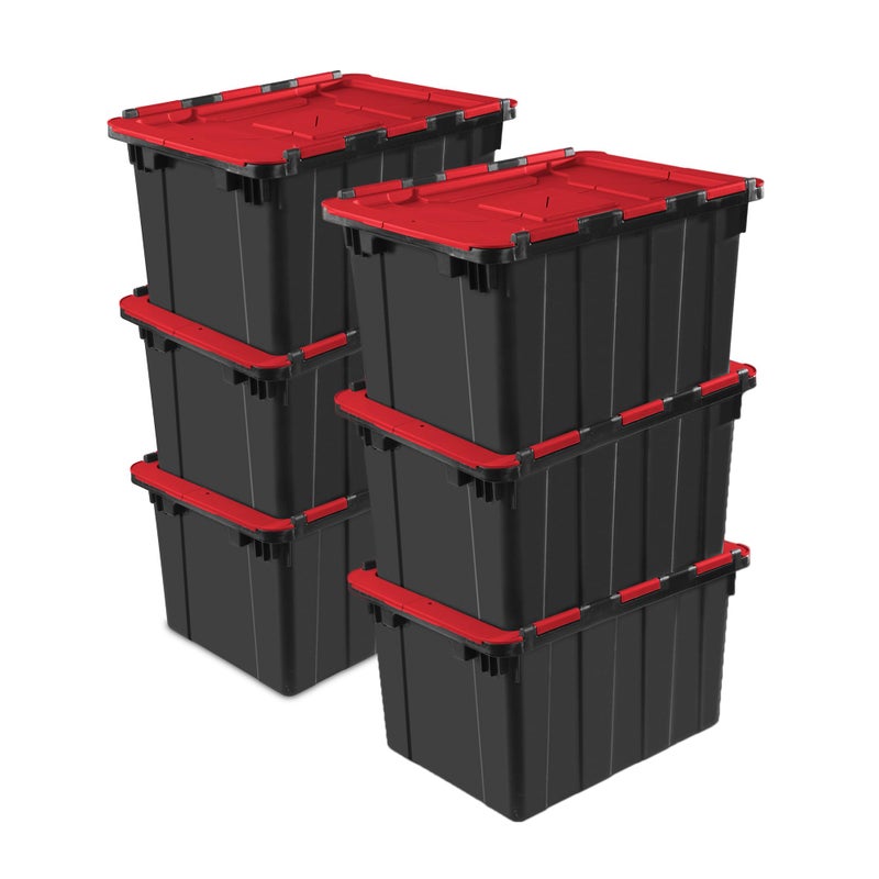 Sterilite 6 Pack Hinged Lid Industrial Totes 12 Gal Stackable Storage Bins BlackRed Lid