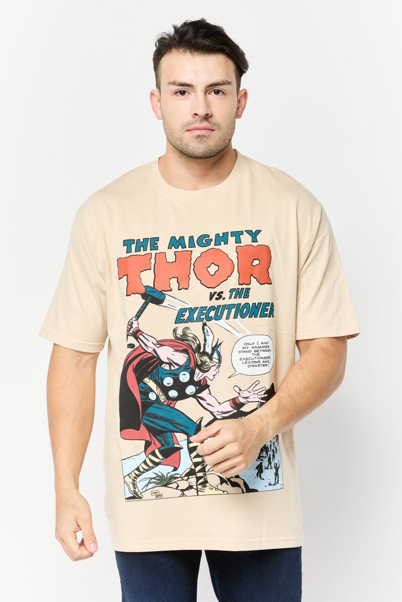 MARVEL Men Crew Neck Short Sleeve Graphic Print T-Shirt, Beige - Image 1