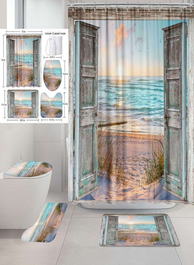GOAOK 4PCS Beach Shower Curtain Set Nautical Bathroom Decor Sets with Coastal Shower Curtain and Bath Mats Ocean Bathroom Decor Accessories Toilet Lid Cover U-Shaped Mat Teal Turquoise - Image 2