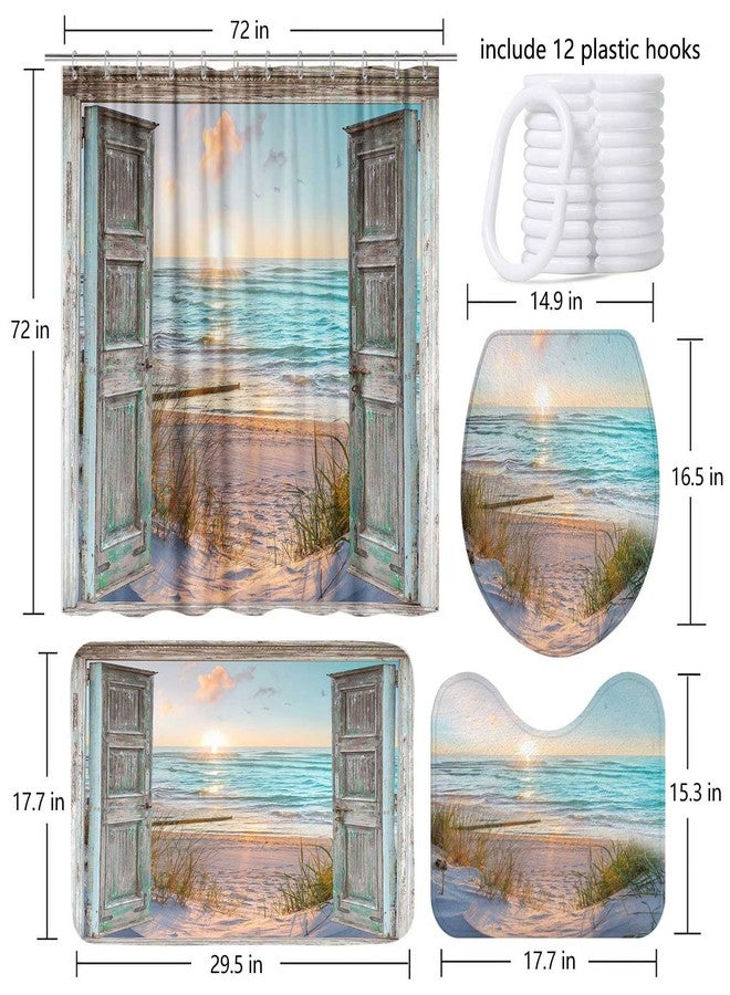 GOAOK 4PCS Beach Shower Curtain Set Nautical Bathroom Decor Sets with Coastal Shower Curtain and Bath Mats Ocean Bathroom Decor Accessories Toilet Lid Cover U-Shaped Mat Teal Turquoise - Image 5