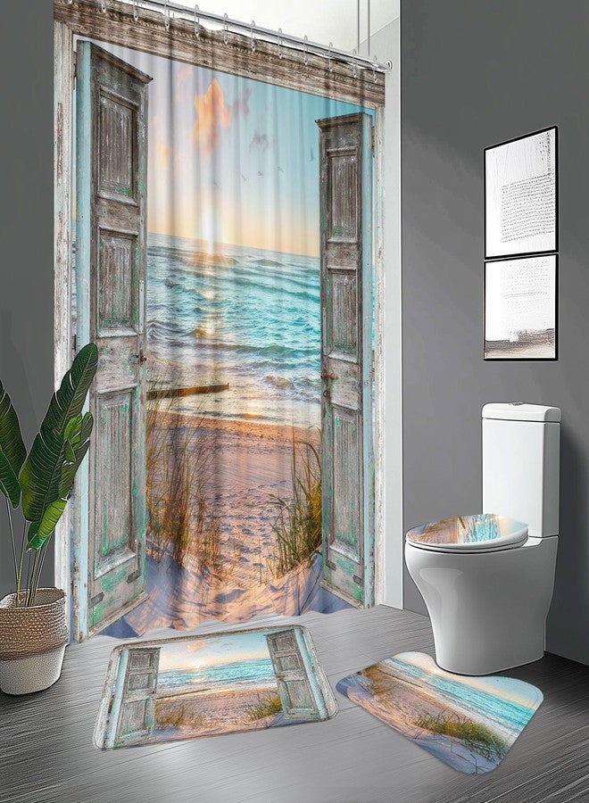 GOAOK 4PCS Beach Shower Curtain Set Nautical Bathroom Decor Sets with Coastal Shower Curtain and Bath Mats Ocean Bathroom Decor Accessories Toilet Lid Cover U-Shaped Mat Teal Turquoise - Image 1