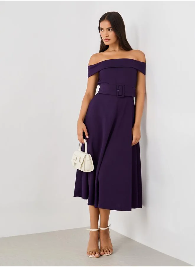 ستايلي Styli Plain Off Shoulder A-Line Midi Dress with Fabric Belt