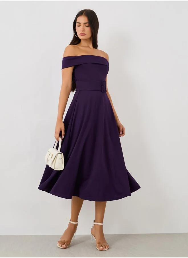 ستايلي Styli Plain Off Shoulder A-Line Midi Dress with Fabric Belt