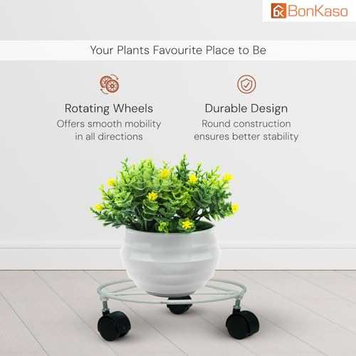 BonKaso Round Metal Plant Stand (Set of 4) with Wheels for Indoor & Outdoor Use (25.4x25.4x7.6 cm) | Heavy Duty Flower Pot Holder | Holds Up to 50kg | Corner Plant Rack for Heavy Plants - White - Image 3
