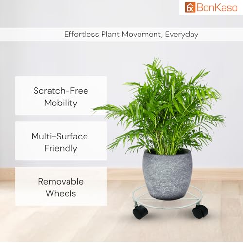 BonKaso Round Metal Plant Stand (Set of 4) with Wheels for Indoor & Outdoor Use (25.4x25.4x7.6 cm) | Heavy Duty Flower Pot Holder | Holds Up to 50kg | Corner Plant Rack for Heavy Plants - White - Image 2