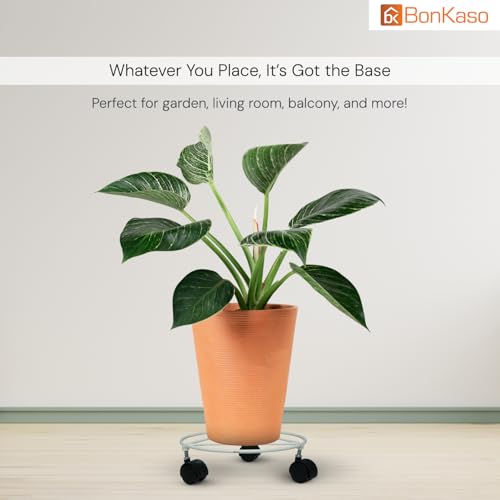 BonKaso Round Metal Plant Stand (Set of 4) with Wheels for Indoor & Outdoor Use (25.4x25.4x7.6 cm) | Heavy Duty Flower Pot Holder | Holds Up to 50kg | Corner Plant Rack for Heavy Plants - White - Image 4