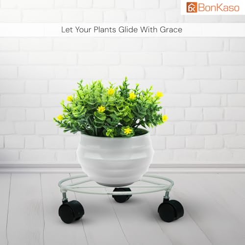 BonKaso Round Metal Plant Stand (Set of 4) with Wheels for Indoor & Outdoor Use (25.4x25.4x7.6 cm) | Heavy Duty Flower Pot Holder | Holds Up to 50kg | Corner Plant Rack for Heavy Plants - White - Image 5