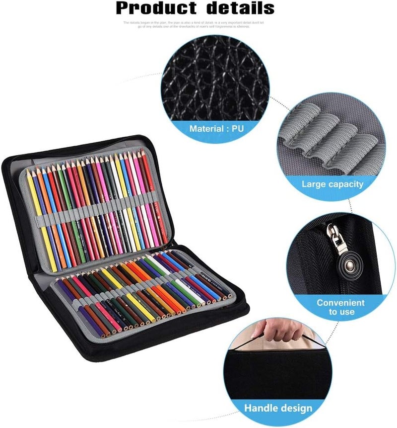 klarako 150 Holes Large Capacity PU Leather Pencil Case Zipper Pen Bag with Elasticity Strap (6 Colors)(Black) - Image 2