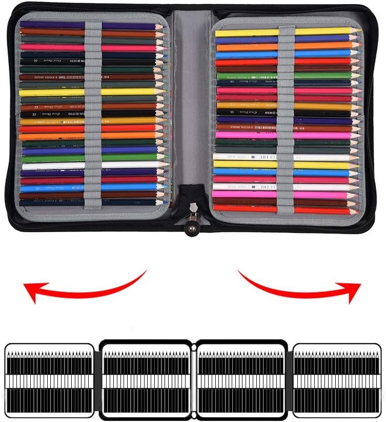 klarako 150 Holes Large Capacity PU Leather Pencil Case Zipper Pen Bag with Elasticity Strap (6 Colors)(Black) - Image 5