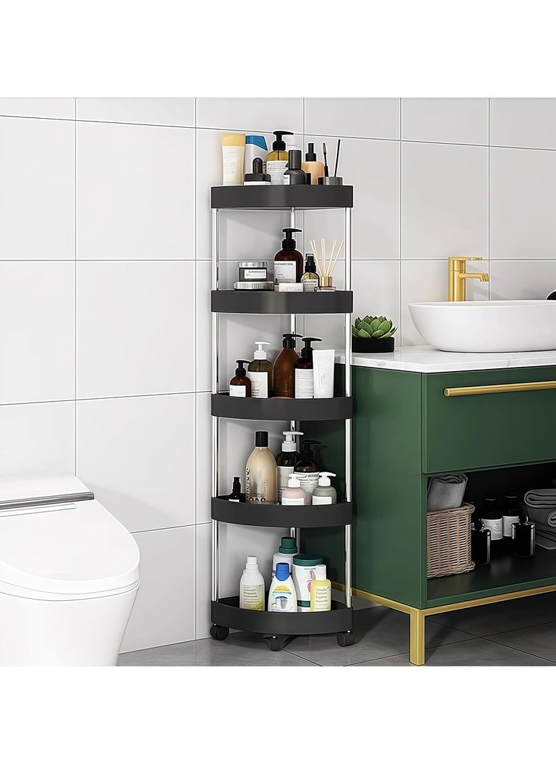 Arabest حامل دش بخمسة أرفف، منظم زاوية الحمام مع عجلات، عربة تخزين مفتوحة مقاومة للصدأ، أرفف دش بلاستيكية للحمام، المطبخ، الغسيل (أسود) - Image 1
