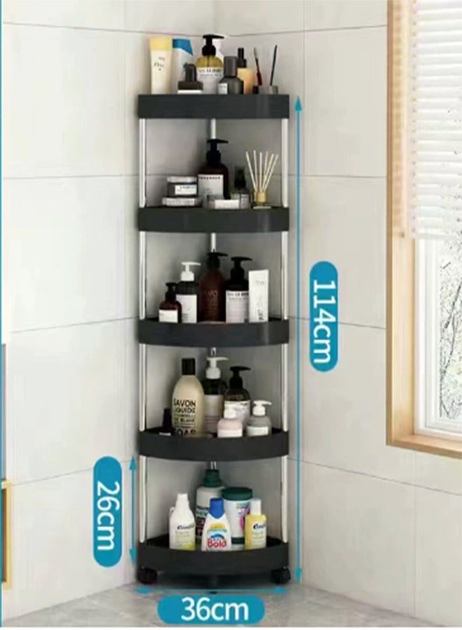 Arabest حامل دش بخمسة أرفف، منظم زاوية الحمام مع عجلات، عربة تخزين مفتوحة مقاومة للصدأ، أرفف دش بلاستيكية للحمام، المطبخ، الغسيل (أسود) - Image 2