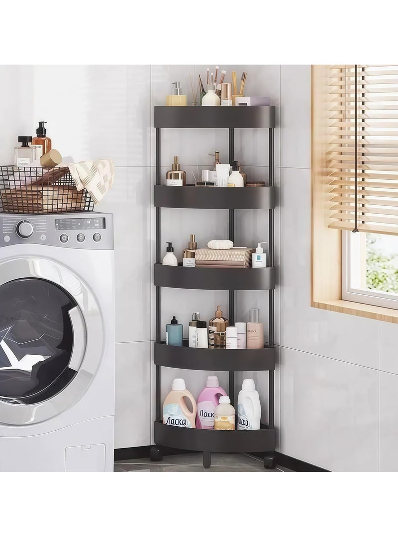 Arabest حامل دش بخمسة أرفف، منظم زاوية الحمام مع عجلات، عربة تخزين مفتوحة مقاومة للصدأ، أرفف دش بلاستيكية للحمام، المطبخ، الغسيل (أسود) - Image 3
