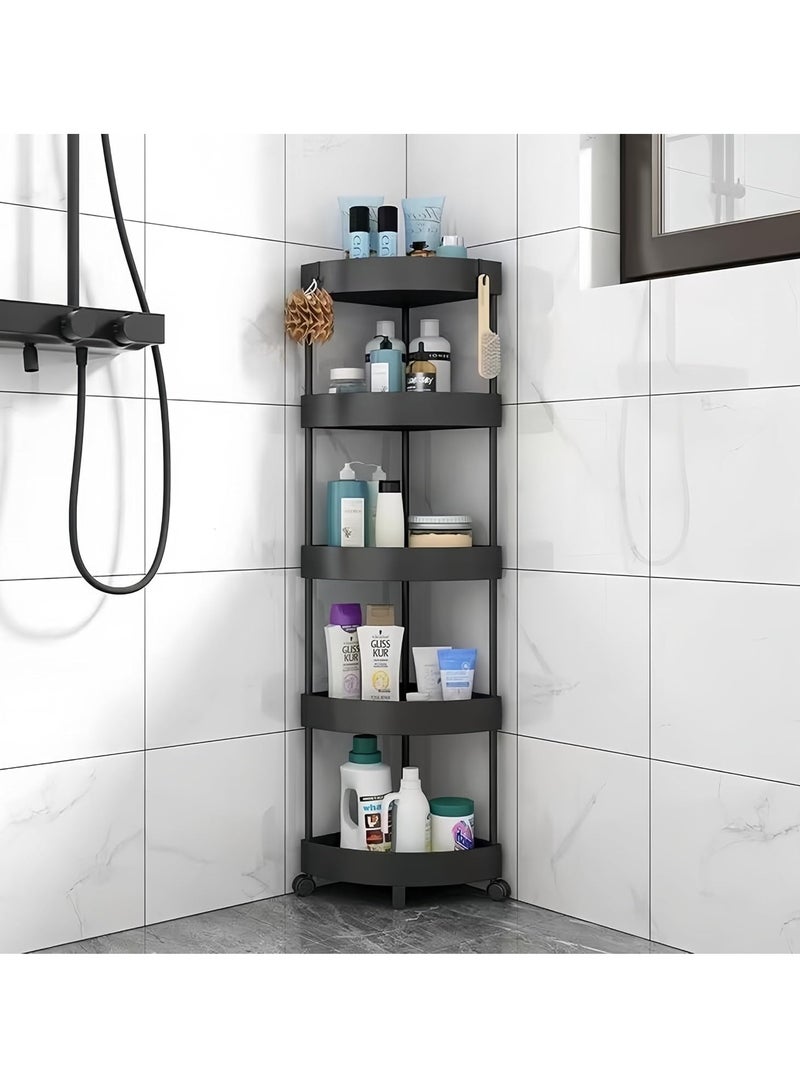 Arabest حامل دش بخمسة أرفف، منظم زاوية الحمام مع عجلات، عربة تخزين مفتوحة مقاومة للصدأ، أرفف دش بلاستيكية للحمام، المطبخ، الغسيل (أسود) - Image 5