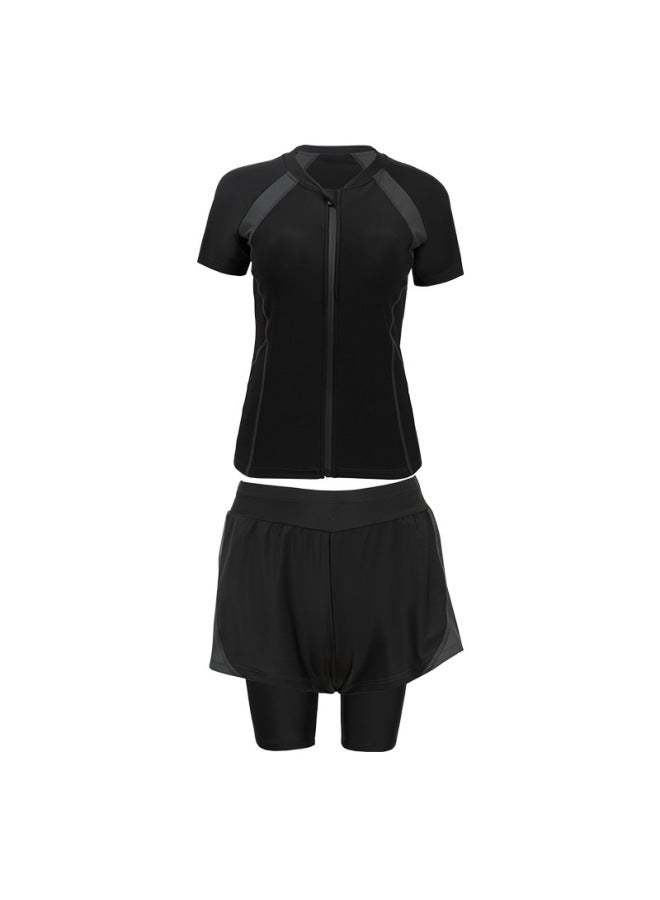 Generic Swimsuit Women's Conservative Split Five-point Three-piece Suit Plus Size Chubby Girl Girl Meat Covering Student Sports Swimming-Color:Black-Size:M - Image 1