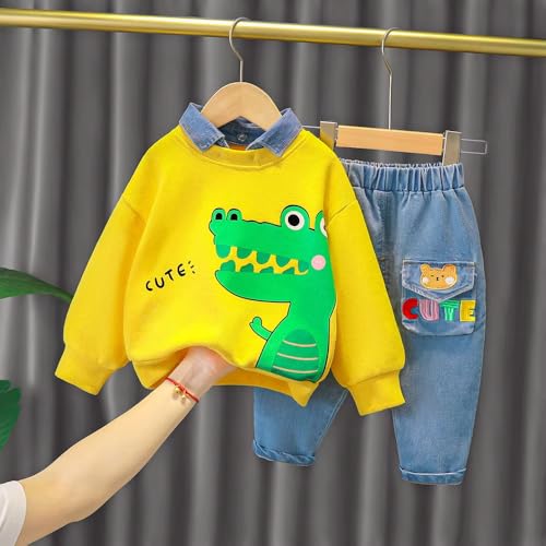 Bold N Elegant Cute Animal Cartoon Boys Full Sleeve Collar T-Shirt and Denim Pant Party Clothing Set for Boys Kids (Yellow, 6-12 Months) - Image 2