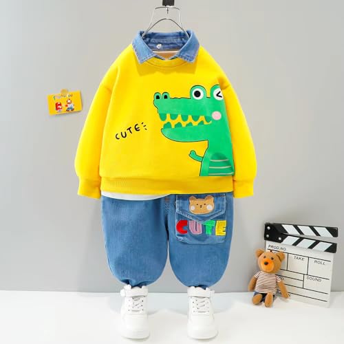 Bold N Elegant Cute Animal Cartoon Boys Full Sleeve Collar T-Shirt and Denim Pant Party Clothing Set for Boys Kids (Yellow, 6-12 Months) - Image 3
