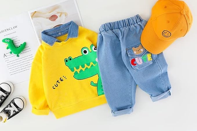 Bold N Elegant Cute Animal Cartoon Boys Full Sleeve Collar T-Shirt and Denim Pant Party Clothing Set for Boys Kids (Yellow, 6-12 Months) - Image 4