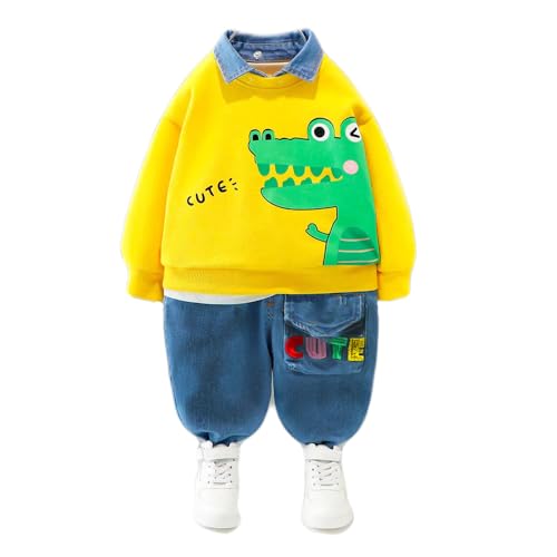 Bold N Elegant Cute Animal Cartoon Boys Full Sleeve Collar T-Shirt and Denim Pant Party Clothing Set for Boys Kids (Yellow, 6-12 Months) - Image 1
