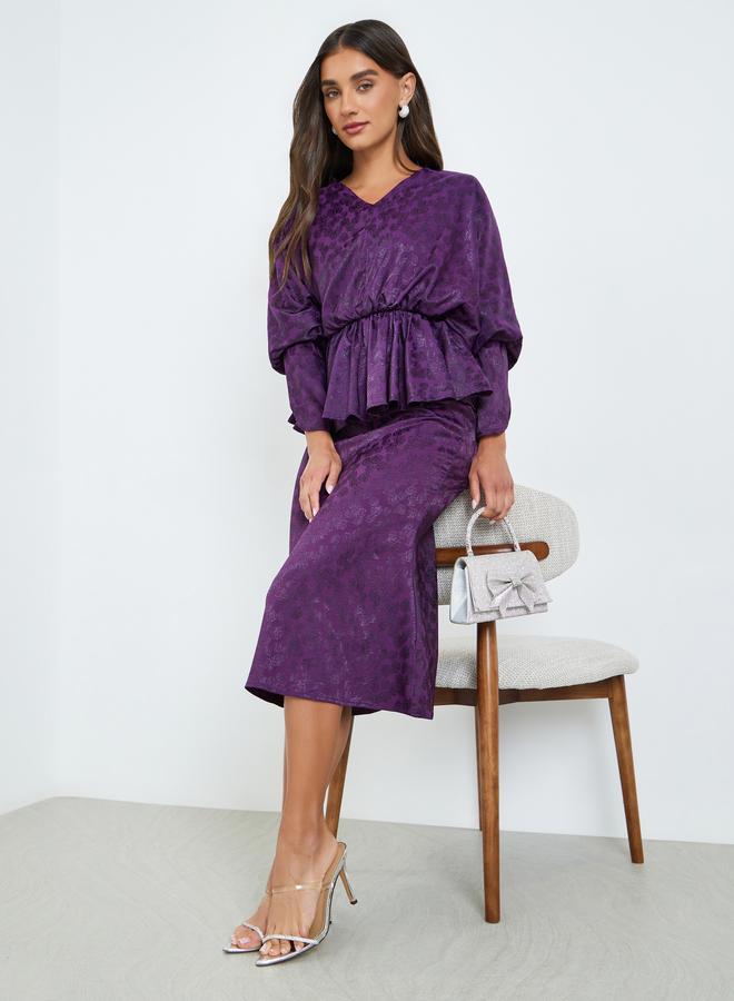 Women Purple Floral Batwing Sleeves Sheath Midi Dress