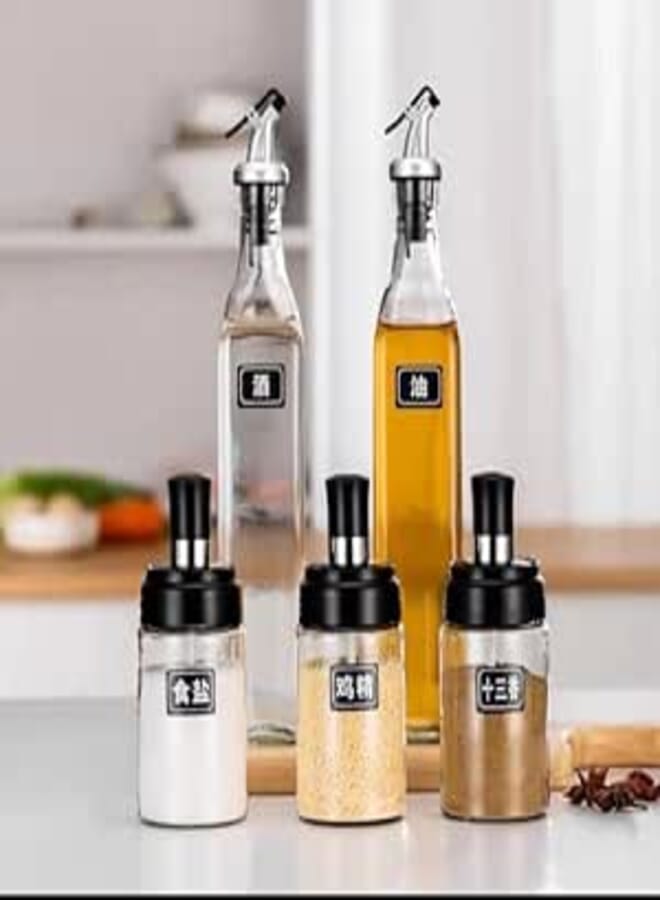 Generic Modern Spice Jar Set: 3 Glass Jars with Spoons + 2 Oil Bottles 500ml