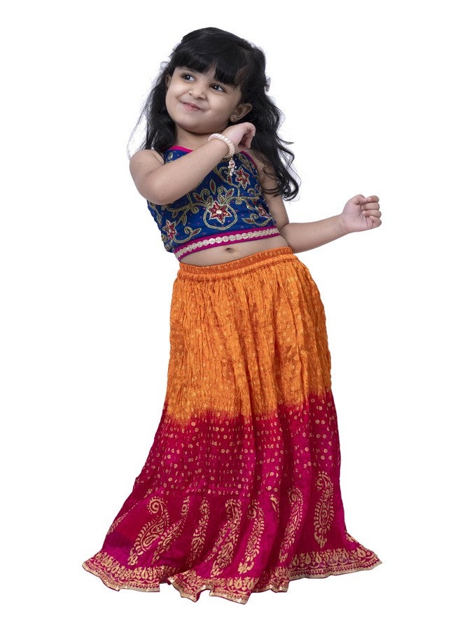 TWISHA Sleeveless Embroidered Top with Crushed Lehenga -Blue & Orange - Image 1