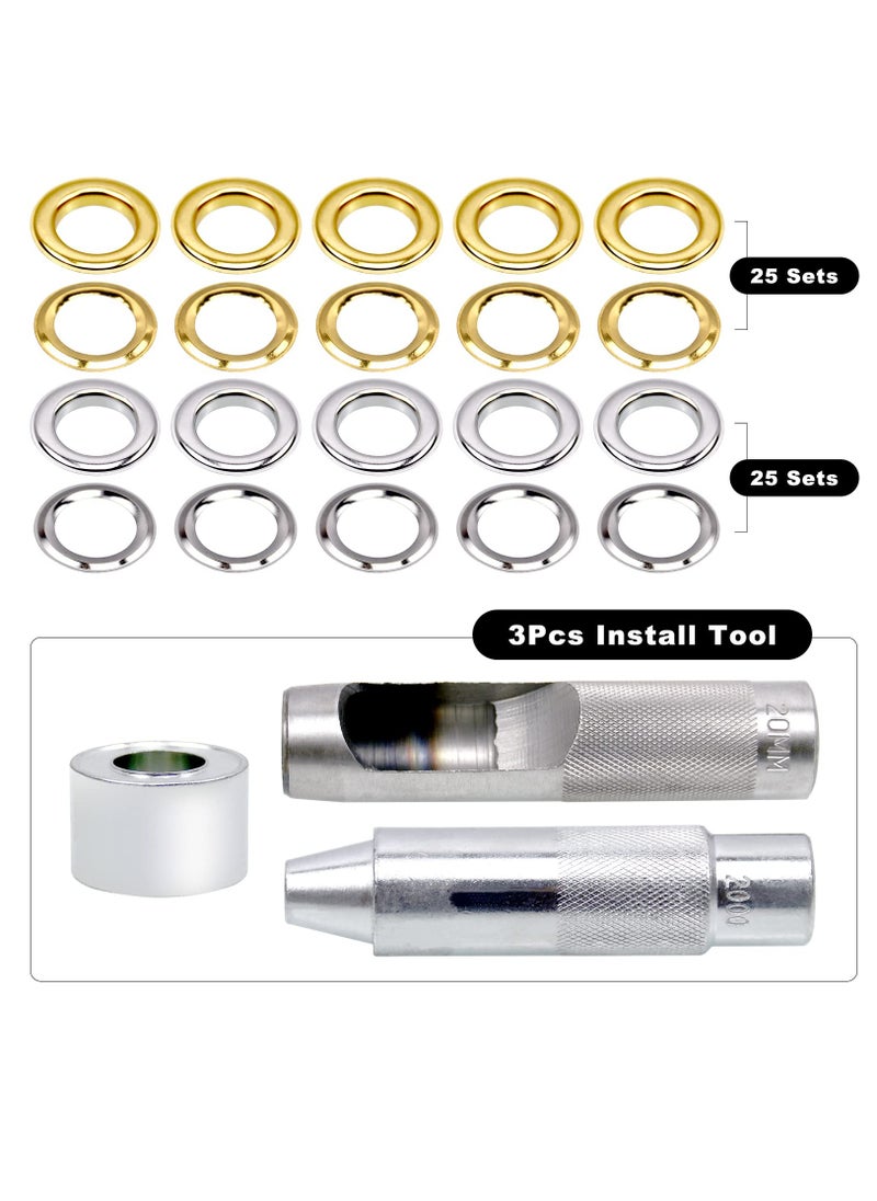 Excefore - 50 Sets 0.75" Grommet Tool Kit, Grommet Setting Tool Copper Grommets Eyelets, 2 Colors, With 3 Pcs Install Tool, Gold And Silver - Image 1