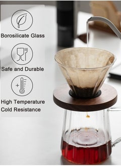 بريتيل صانع قهوة بور أوفر V60، مصنوع من الزجاج، مع مرشح قهوة وقاعدة خشب الجوز، وإبريق قهوة بسعة 600 مل، يُستخدم لتحضير القهوة بأسلوب بور أوفر في المنزل أو في المكتب.  - Image 2