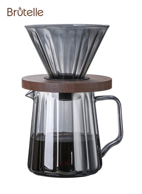 صانع قهوة بور أوفر V60، مصنوع من الزجاج، مع مرشح قهوة وقاعدة خشب الجوز، وإبريق قهوة بسعة 600 مل، يُستخدم لتحضير القهوة بأسلوب بور أوفر في المنزل أو في المكتب.