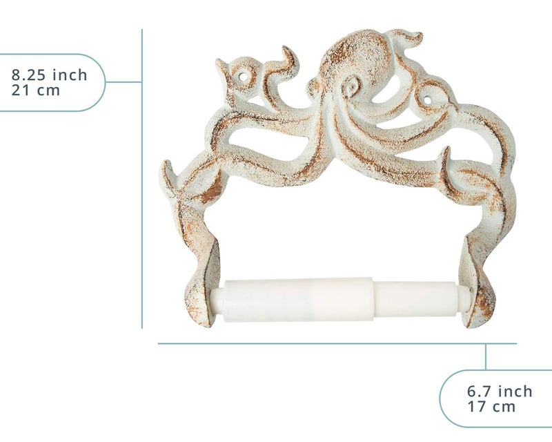 كومفيفي حامل لفة ورق التواليت الزخرفي لأخطبوط الحديد الزخرفي - الأخطبوط المثبتة على الحائط DCOR للحمام - إكسسوارات الحمام البحري Kraken - سهلة التثبيت مع مسامير ومرساة مشمولة - صدأ أبيض - Image 3