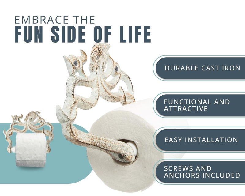 كومفيفي حامل لفة ورق التواليت الزخرفي لأخطبوط الحديد الزخرفي - الأخطبوط المثبتة على الحائط DCOR للحمام - إكسسوارات الحمام البحري Kraken - سهلة التثبيت مع مسامير ومرساة مشمولة - صدأ أبيض - Image 4