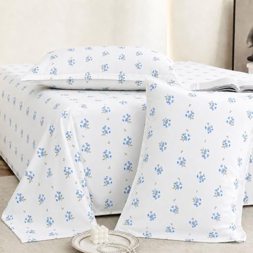 Plumora Double Bed Cotton Bedsheet Queen Size 90x100, 100% Pure Cotton Bed Sheet with 2 Pillow Covers, 240 TC Soft Breathable Floral Design – (Blue Daisy) - Image 1