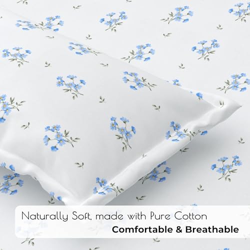 Plumora Double Bed Cotton Bedsheet Queen Size 90x100, 100% Pure Cotton Bed Sheet with 2 Pillow Covers, 240 TC Soft Breathable Floral Design – (Blue Daisy) - Image 2