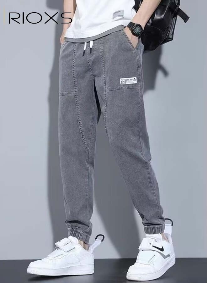 RIOXS Mens Denim Pants, Elastic Waist Downstring Pants For Men, Stylish Versatile Jeans With 4 Pockets, Fashionable Durable Baggy Trousers, Comfzy Jeans For Office/ Daily Wear/ Outdoor Activities, Great Gift Chocie For Men Daddy Family Friends, Gray Jeans - Image 1